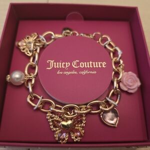 Juicy Couture NIB Gold Bracelet with Pink Charms, with Rose, Heart, Butterflies